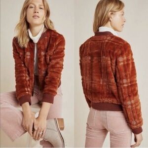 Anthropologie Plaid Teddy Bomber Jacket Rust Dark Orange Faux Fur — Size Large
